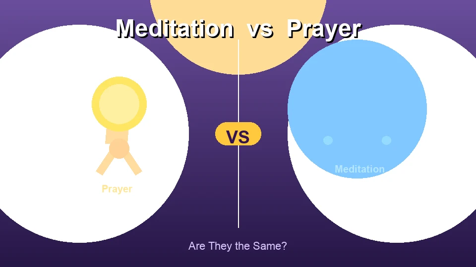 Meditation vs Prayer — side-by-side illustration showing prayer hands and a meditating silhouette