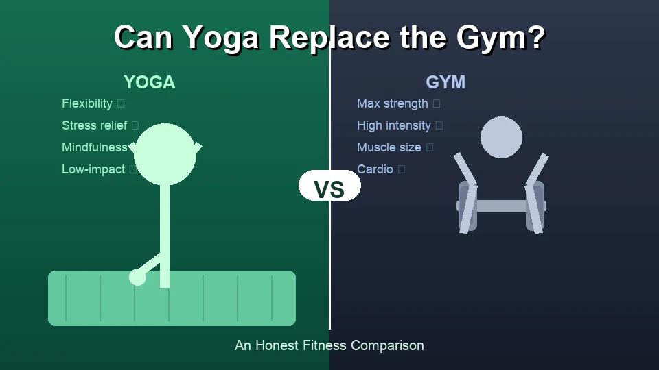 Yoga vs Gym comparison — split image with a yoga Tree Pose silhouette on the green left and a dumbbell figure on the dark right